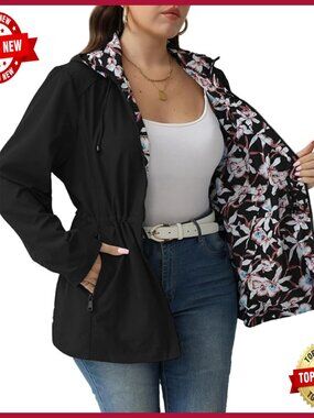 Plus Size Floral Print Reversible Windbreaker Jacket with Hood